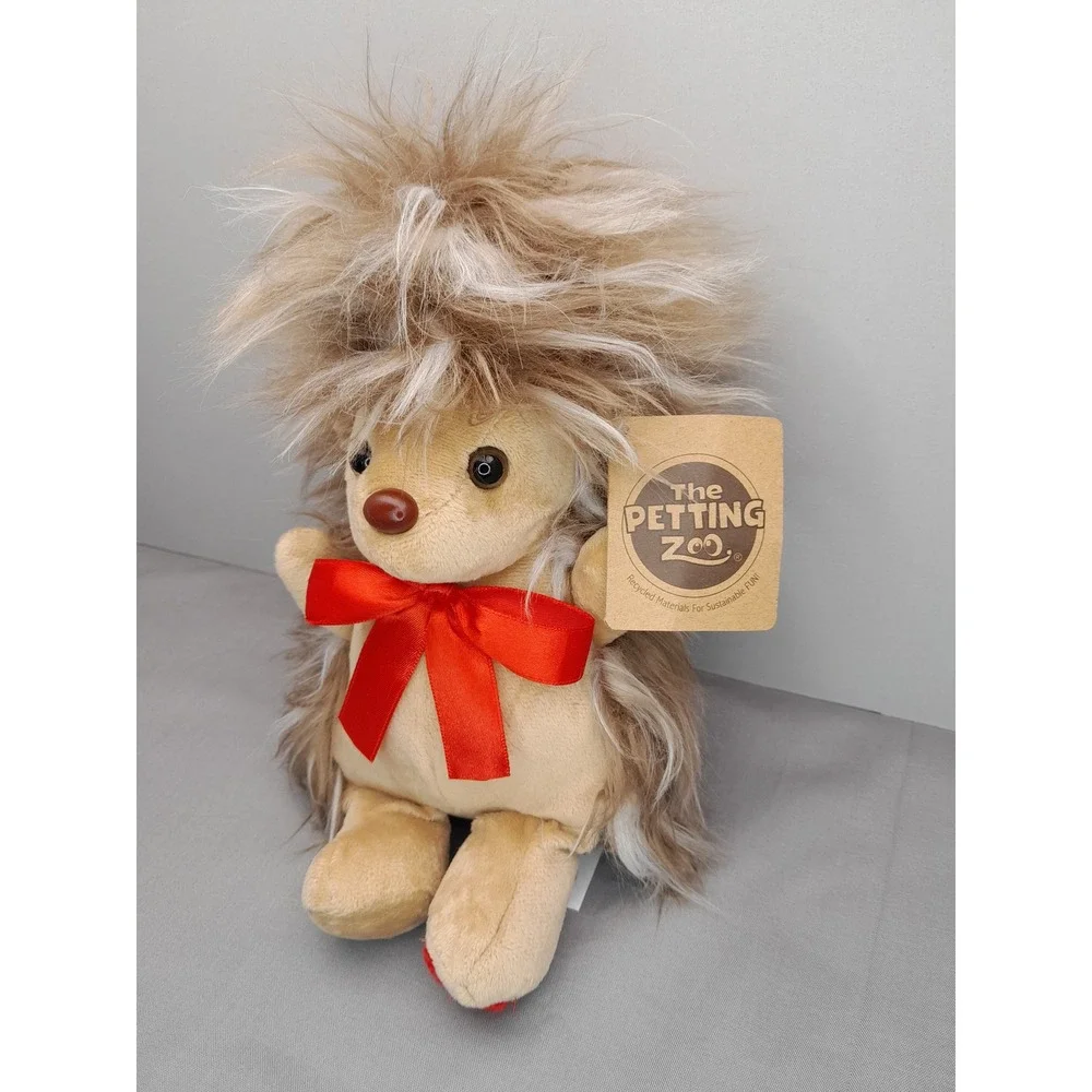 The Petting Zoo Hedgehog Plush Red Bow Heart Recycled Materials Tan Brown 9